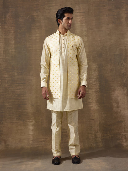 Lemon Ethnic Motifs Men's Kurta Set with Long Jacket