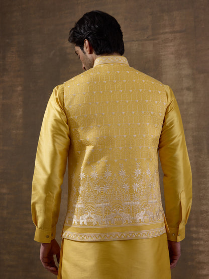 Temple Yellow Embroidered Men's Kurta Set