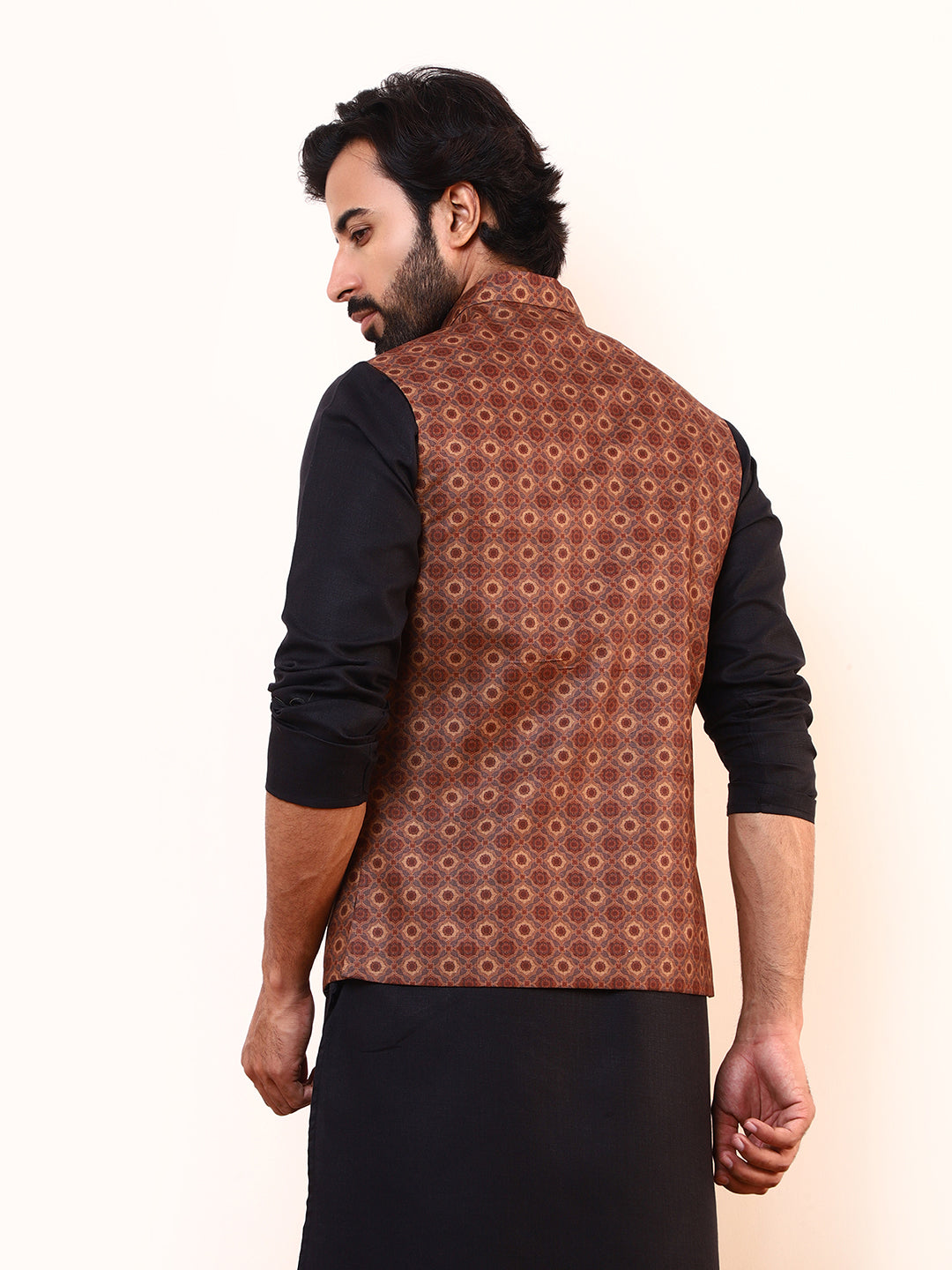 Mustard Brown Printed Men’s Nehru Jacket