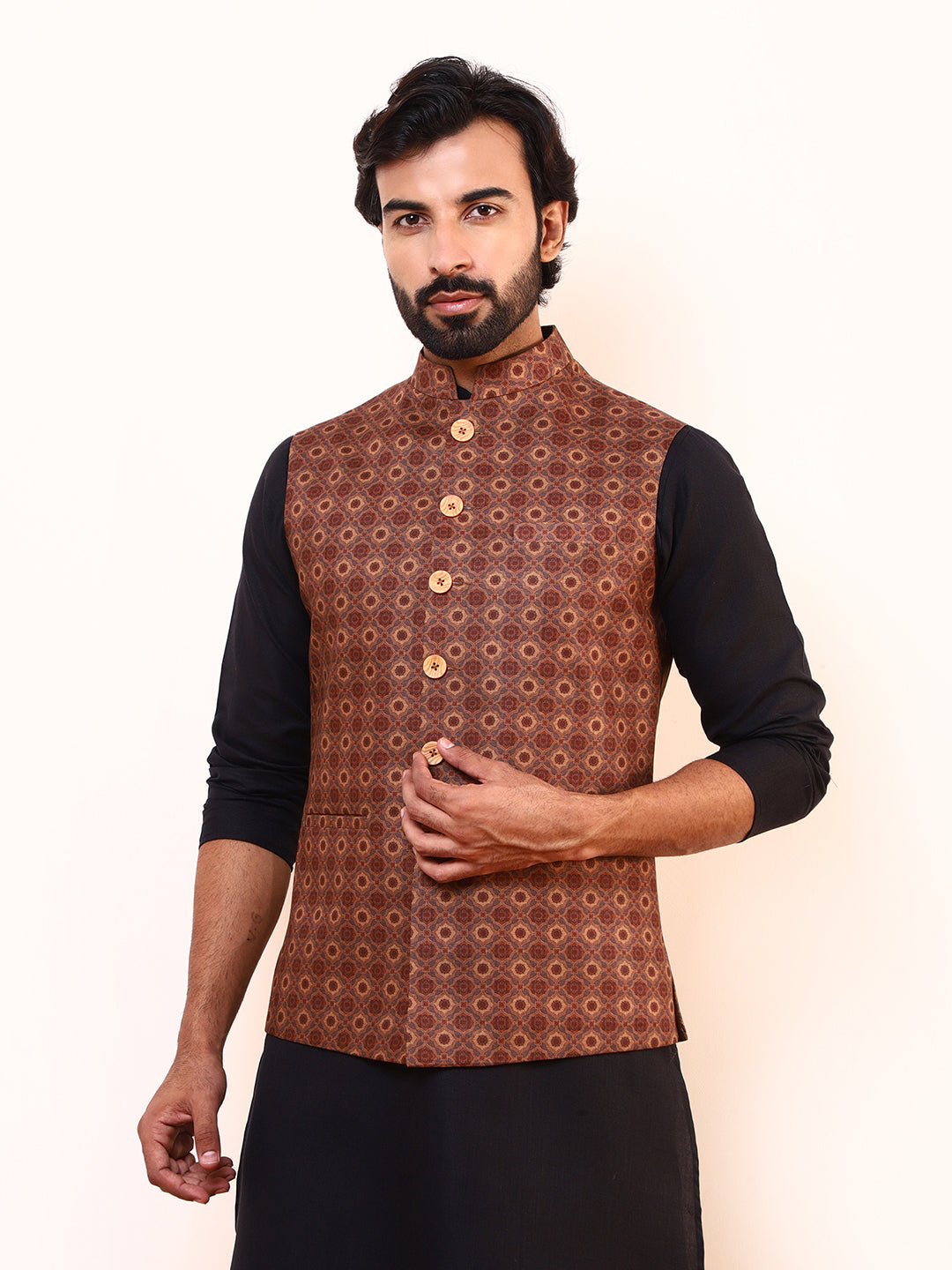 Mustard Brown Printed Men’s Nehru Jacket