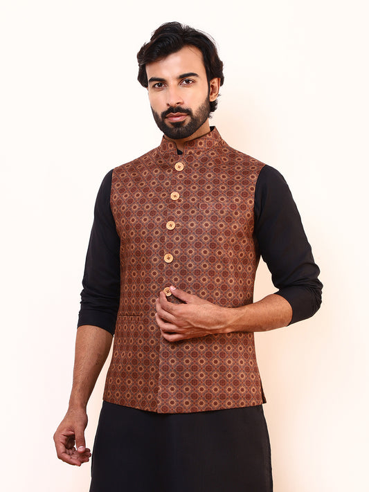Mustard Brown Printed Men’s Nehru Jacket