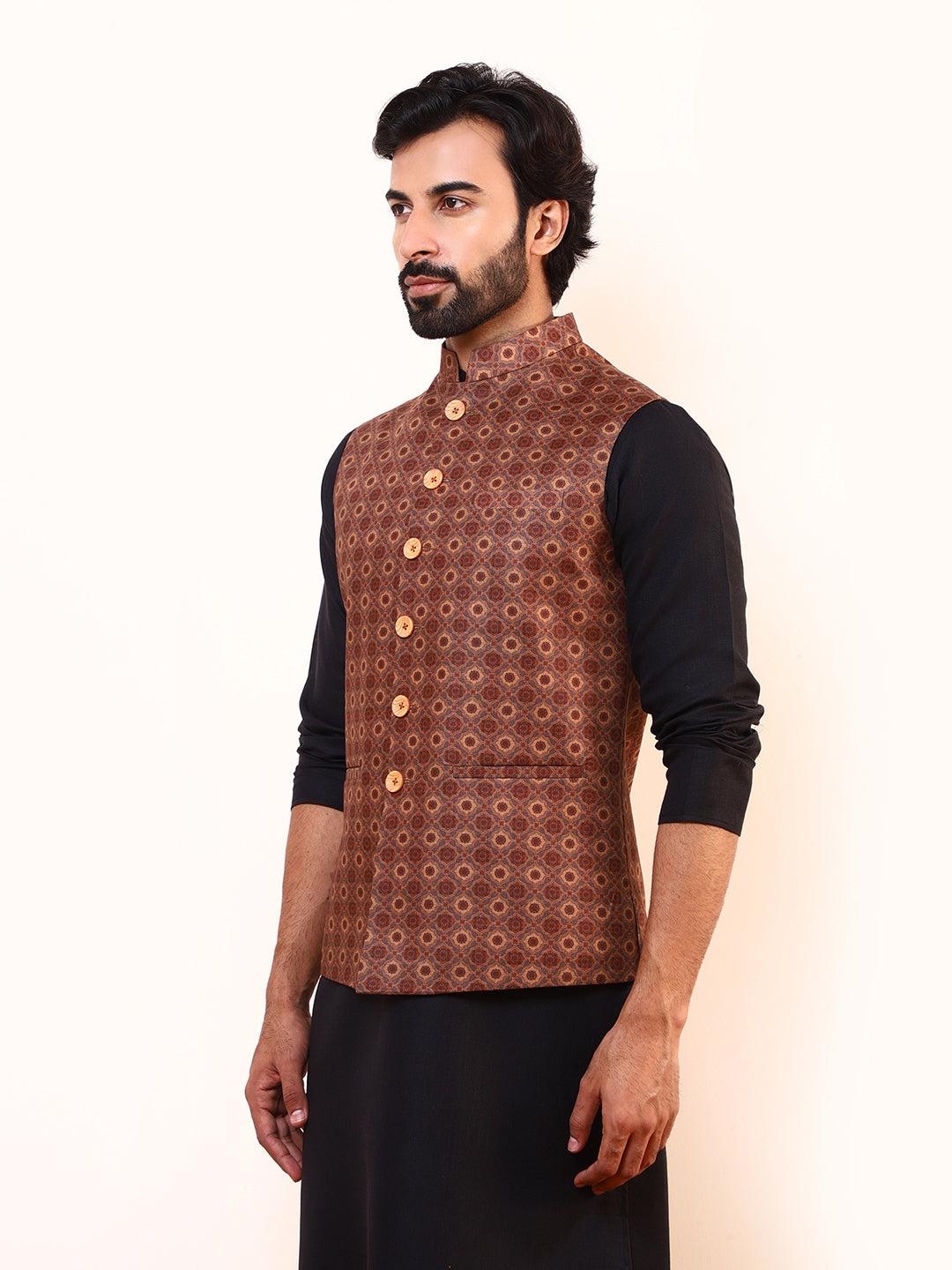 Mustard Brown Printed Men’s Nehru Jacket
