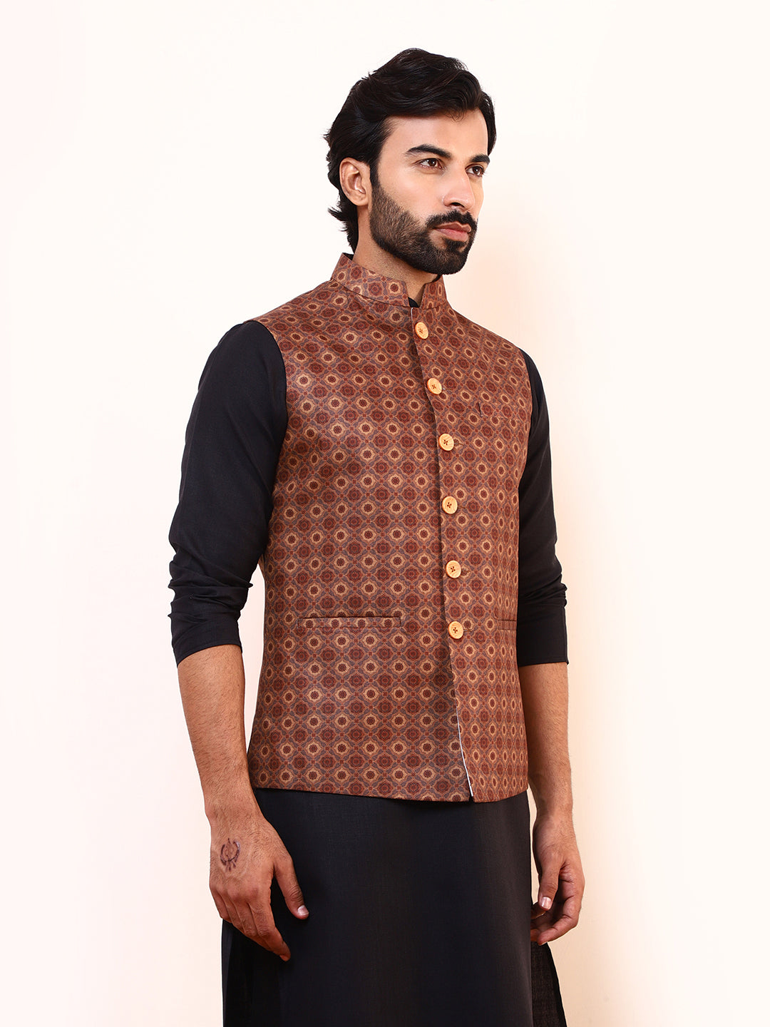 Mustard Brown Printed Men’s Nehru Jacket