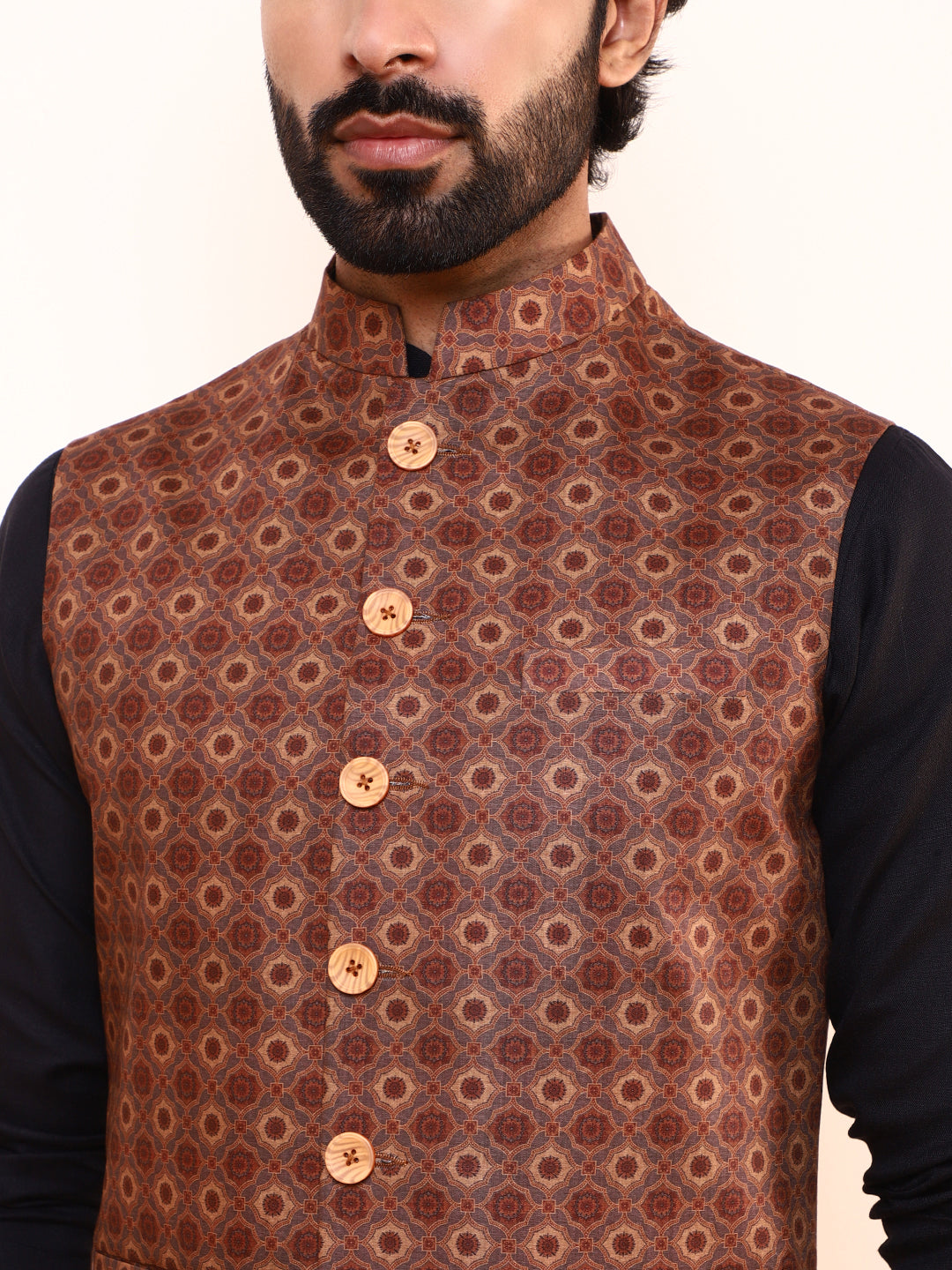 Mustard Brown Printed Men’s Nehru Jacket