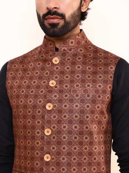 Mustard Brown Printed Men’s Nehru Jacket