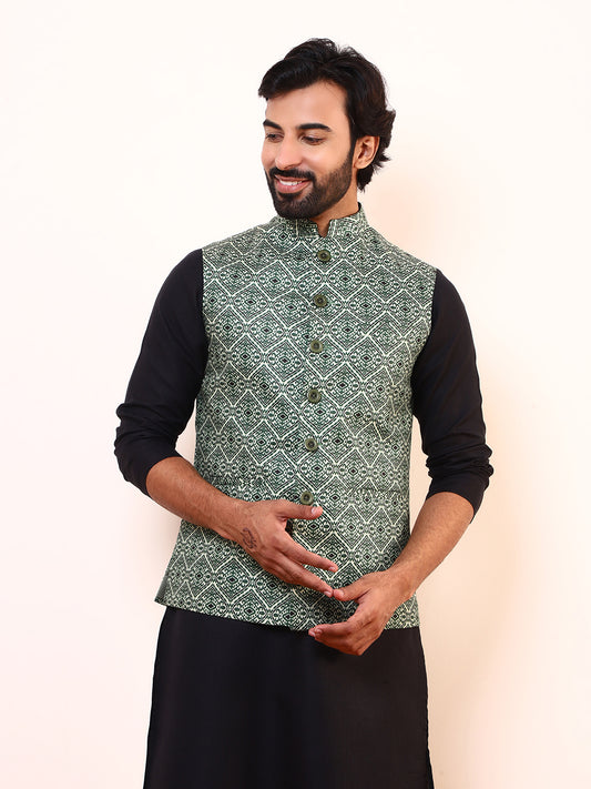 Snaky Green Printed Men’s Nehru Jacket