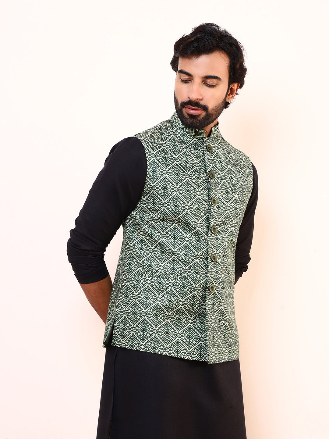 Snaky Green Printed Men’s Nehru Jacket