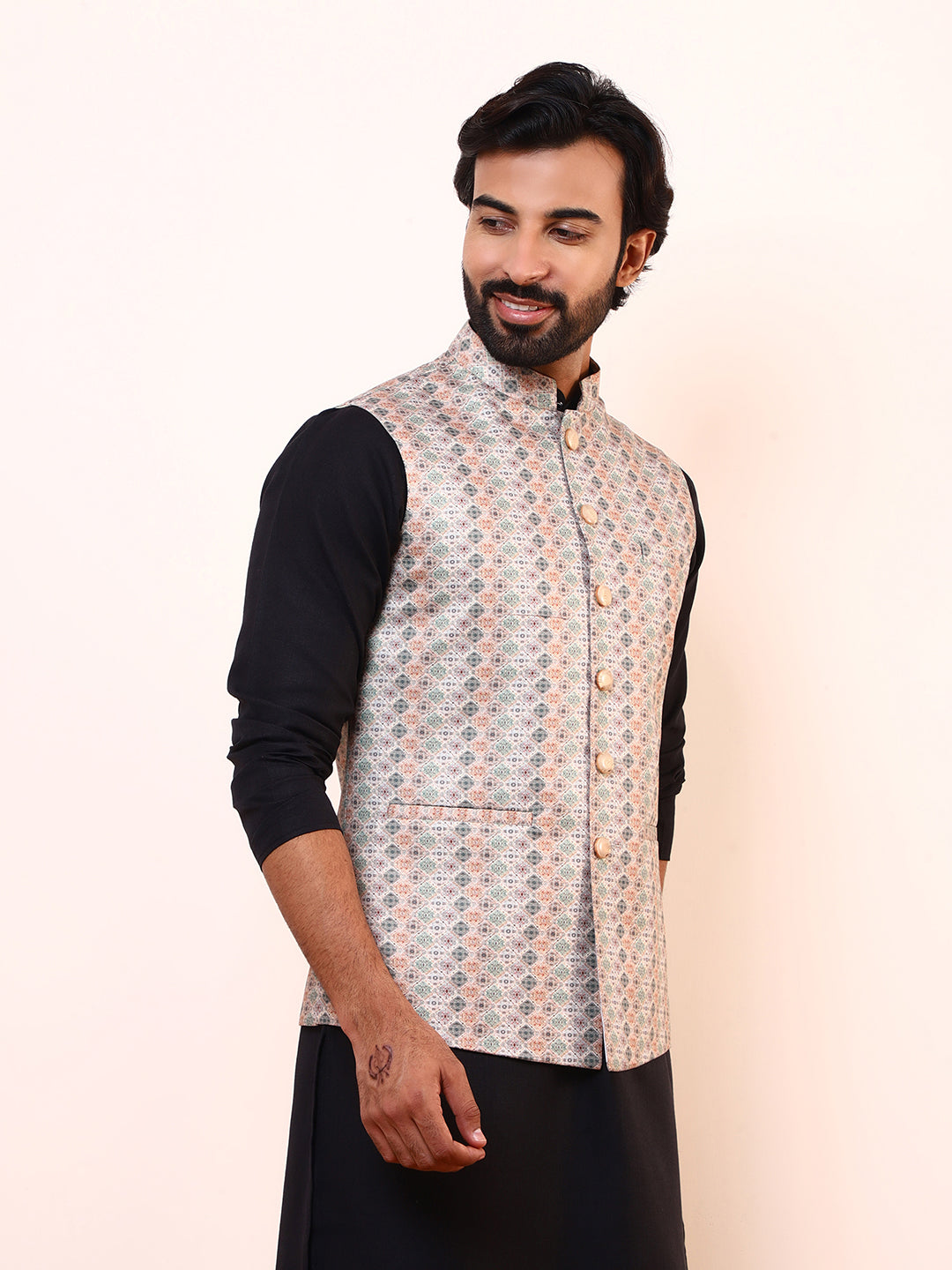 Refreshing Green Printed Men’s Nehru Jacket