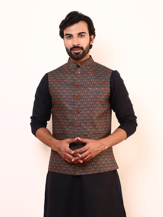 Mocha Brown Printed Men’s Nehru Jacket