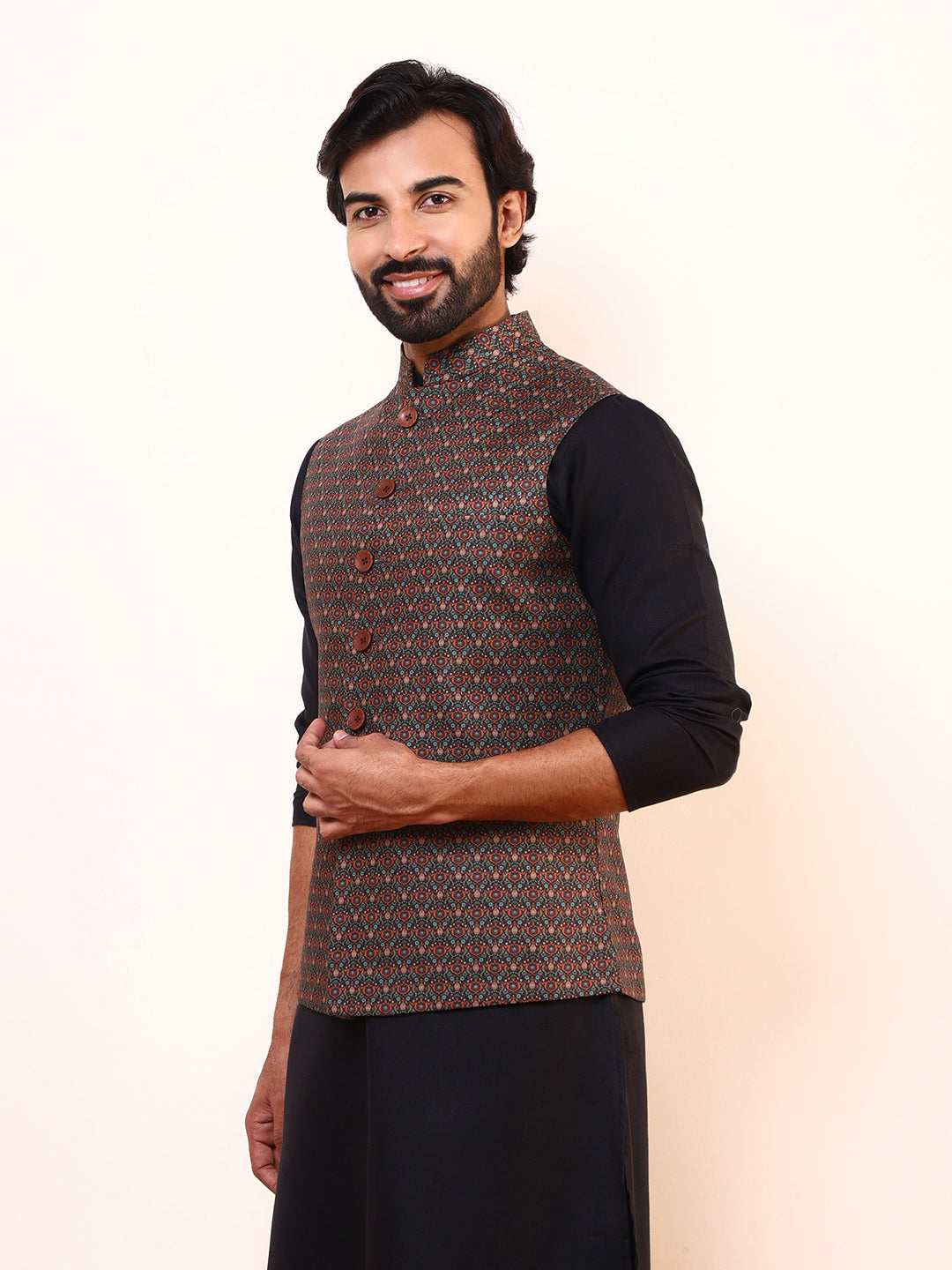 Mocha Brown Printed Men’s Nehru Jacket