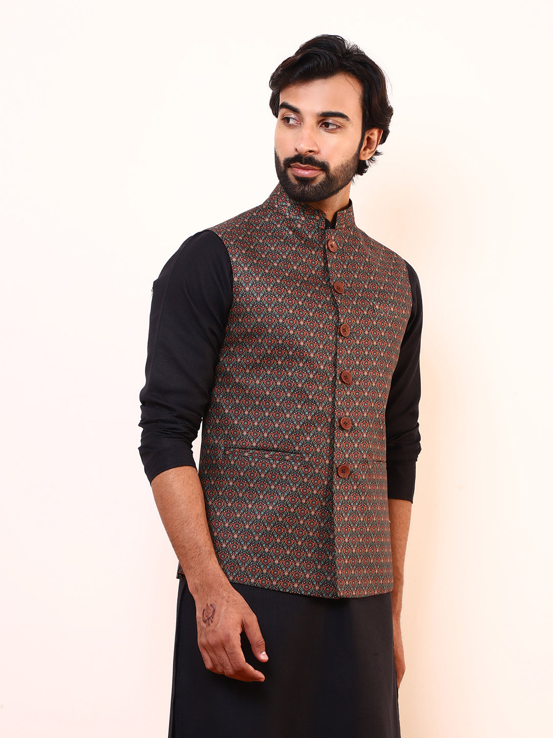 Mocha Brown Printed Men’s Nehru Jacket