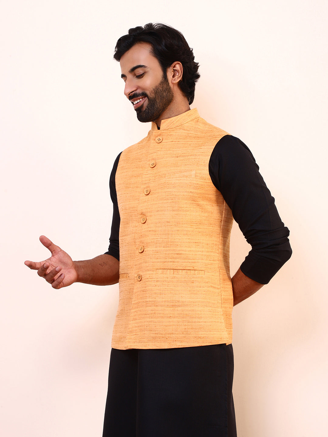 Perchy Peach Linen Men’s Nehru Jacket