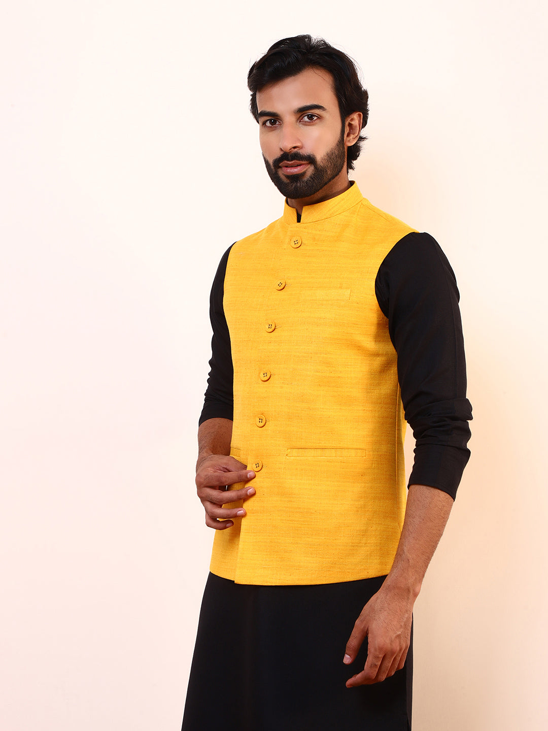 Vibrant Yellow Linen Men’s Nehru Jacket