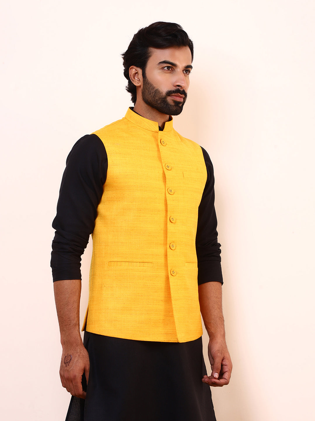 Vibrant Yellow Linen Men’s Nehru Jacket