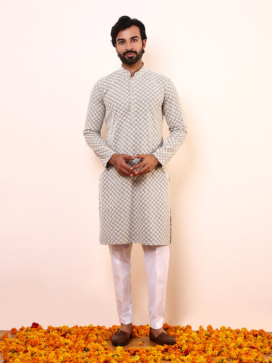 Refined Grey Embroidered Men’s Kurta