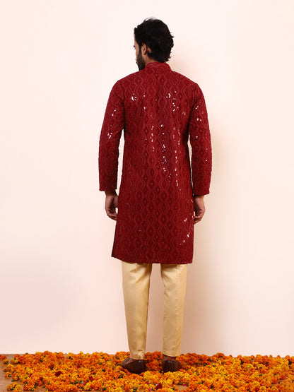 Deep Red Embellished Men’s Kurta