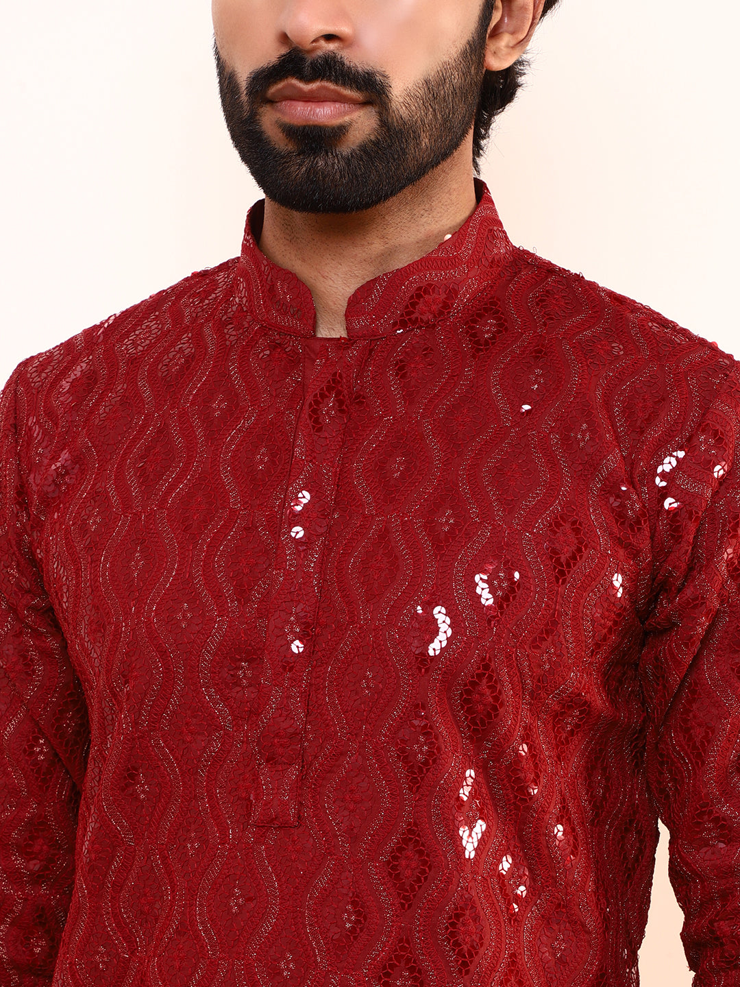 Deep Red Embellished Men’s Kurta
