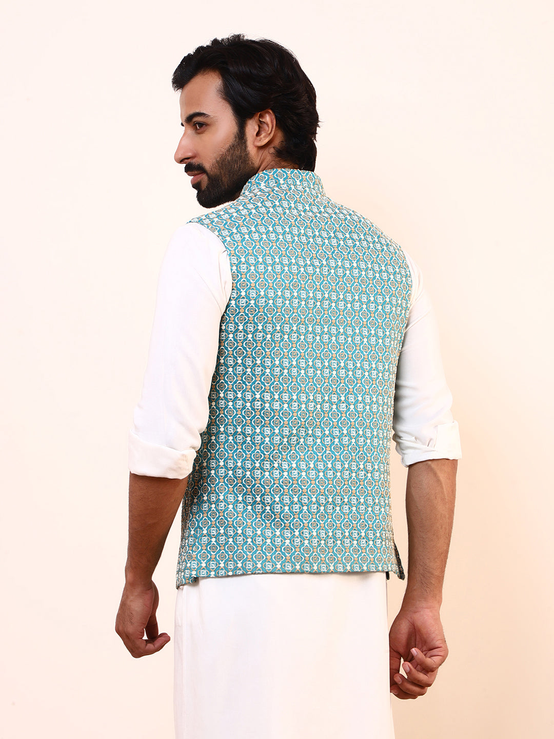 Turquoise Blue Embroidered Men’s Nehru Jacket