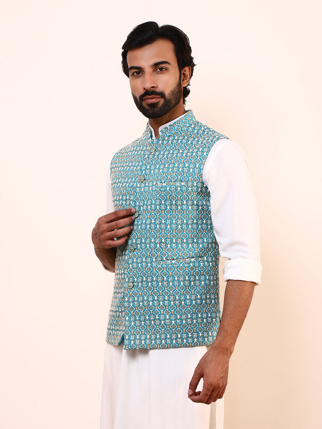 Turquoise Blue Embroidered Men’s Nehru Jacket