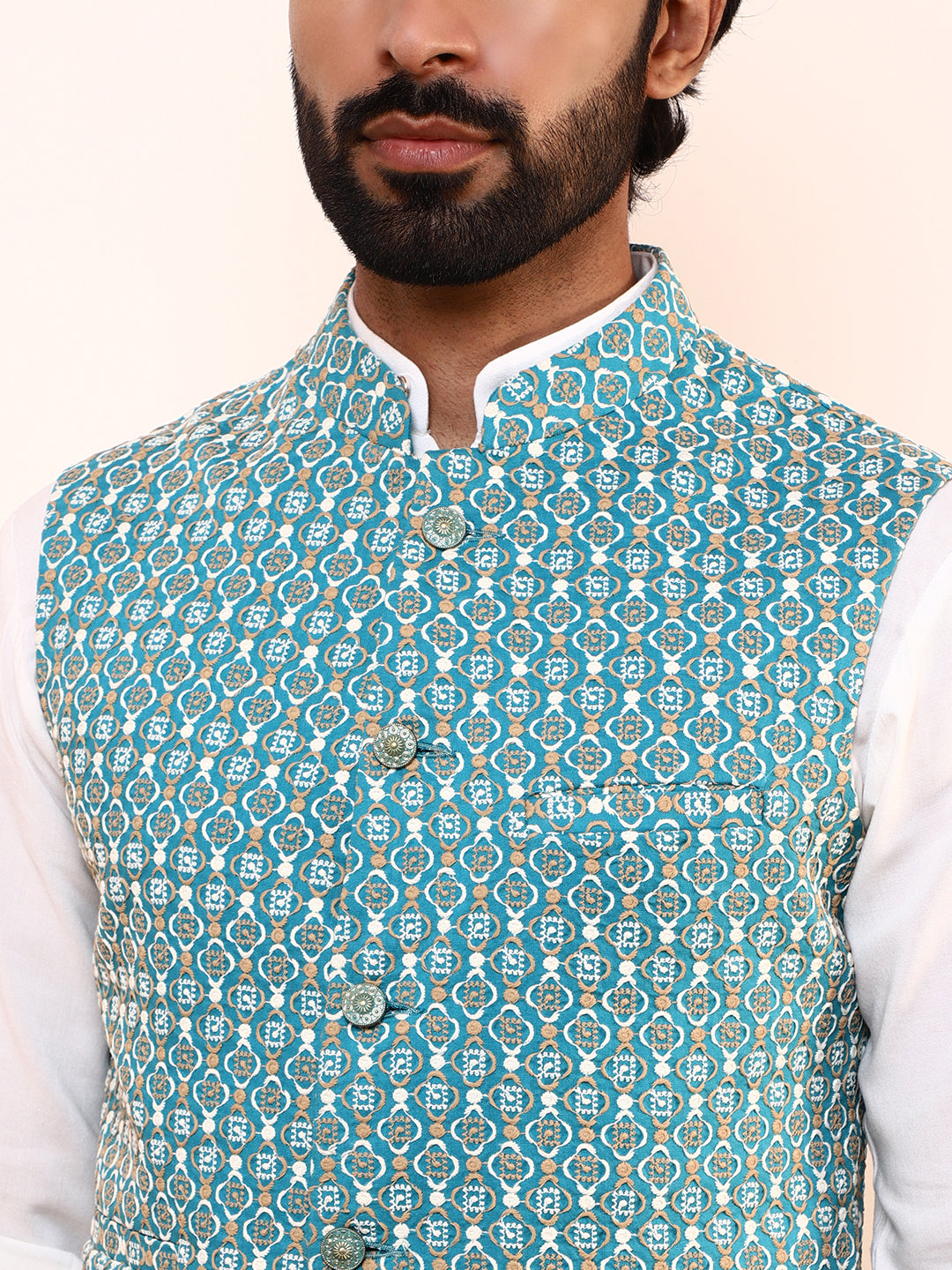 Turquoise Blue Embroidered Men’s Nehru Jacket