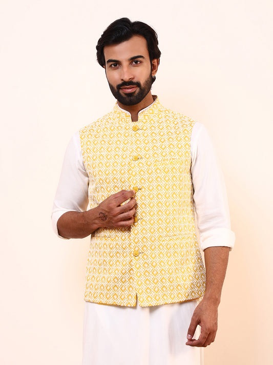 Golden Yellow Embroidered Men’s Nehru Jacke