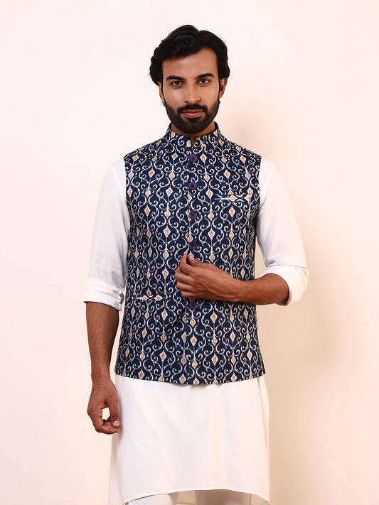 Royal Blue Printed Men’s Nehru Jacket