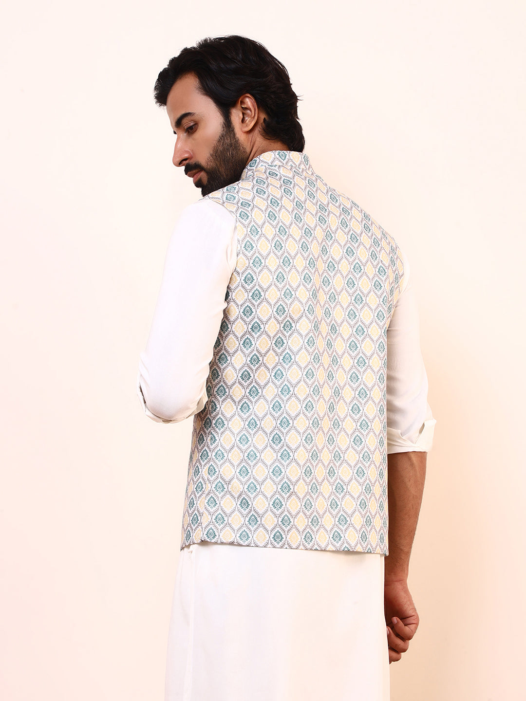 Green Yellow Squared Printed Men’s Nehru Jacket