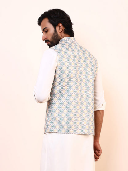 Green Yellow Squared Printed Men’s Nehru Jacket