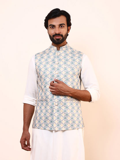 Green Yellow Squared Printed Men’s Nehru Jacket