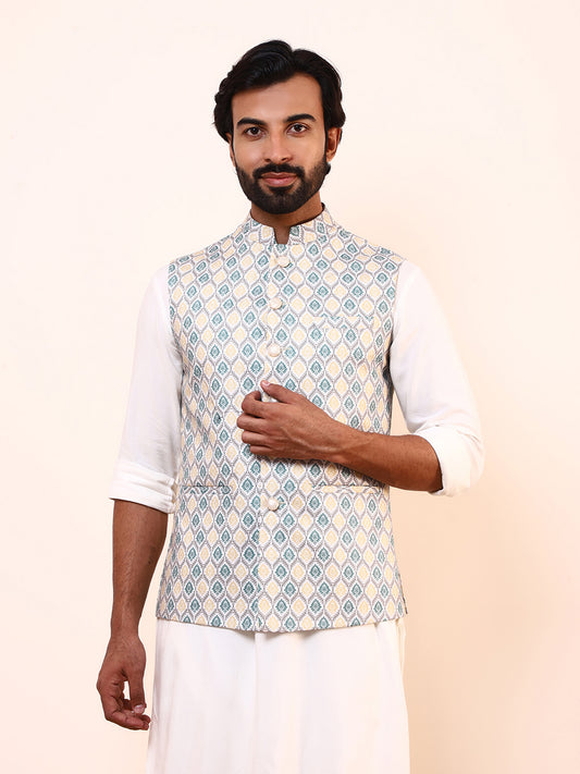 Green Yellow Squared Printed Men’s Nehru Jacket