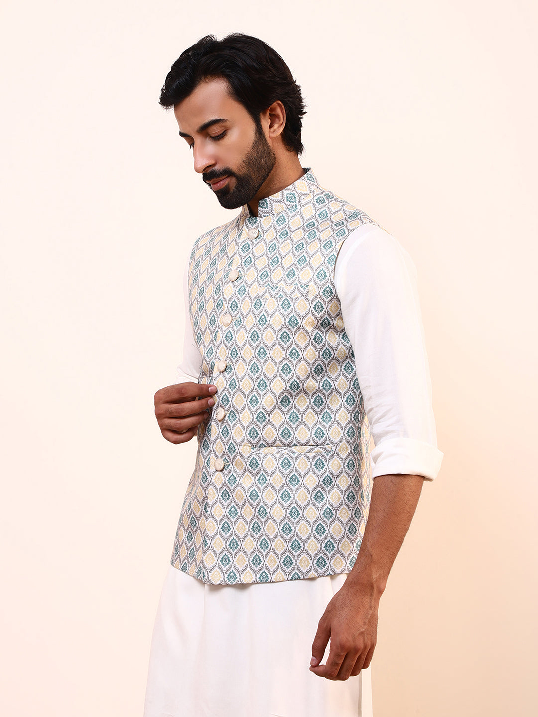 Green Yellow Squared Printed Men’s Nehru Jacket