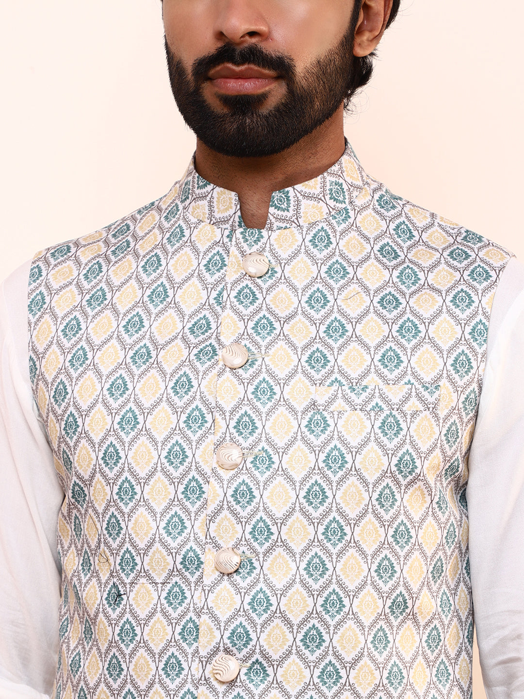 Green Yellow Squared Printed Men’s Nehru Jacket