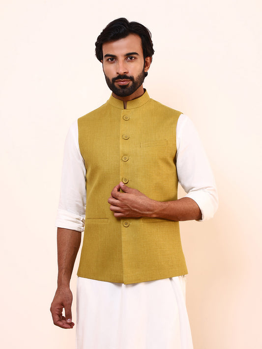 Mustard Green Solid Men’s Nehru Jacket