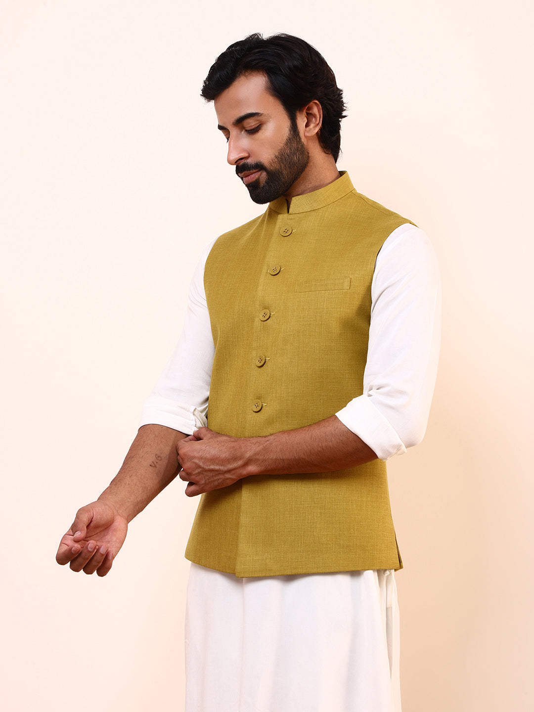 Mustard Green Solid Men’s Nehru Jacket