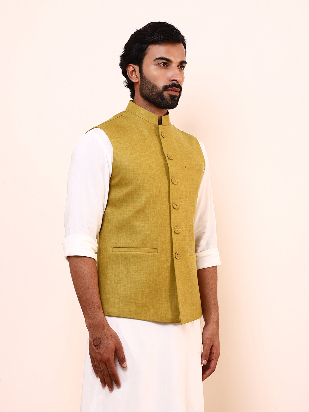 Mustard Green Solid Men’s Nehru Jacket