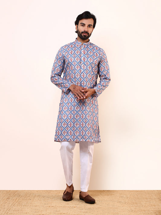 Blue Red Patterned Printed Men’s Kurta