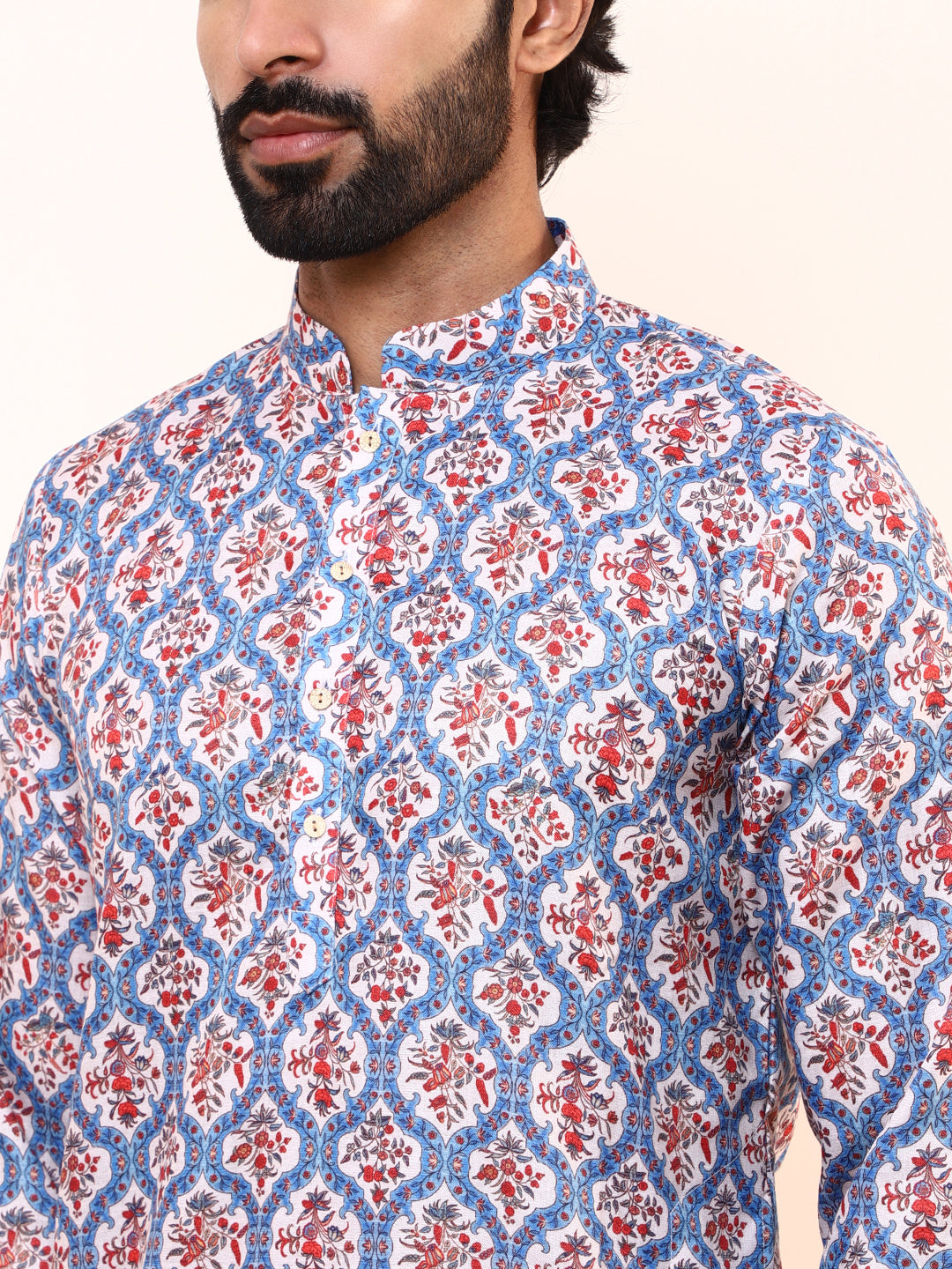 Blue Red Patterned Printed Men’s Kurta