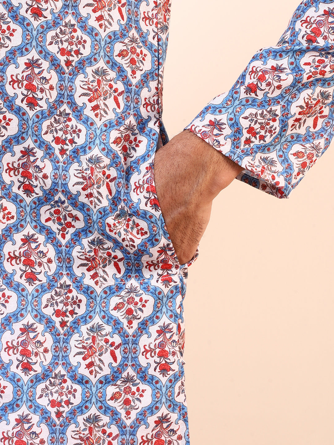 Blue Red Patterned Printed Men’s Kurta