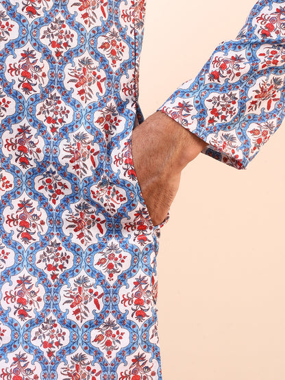 Blue Red Patterned Printed Men’s Kurta