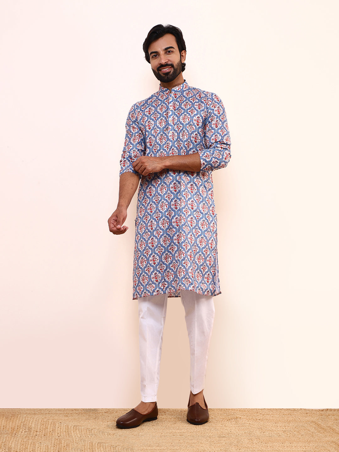Blue Red Patterned Printed Men’s Kurta