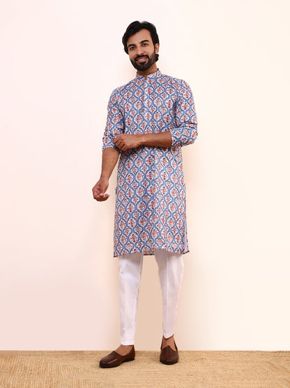 Blue Red Patterned Printed Men’s Kurta