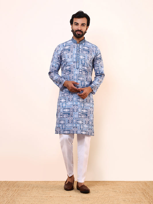 Blue Abstract Printed Mens Kurta