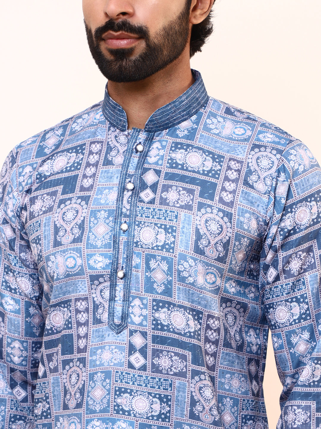 Blue Abstract Printed Mens Kurta