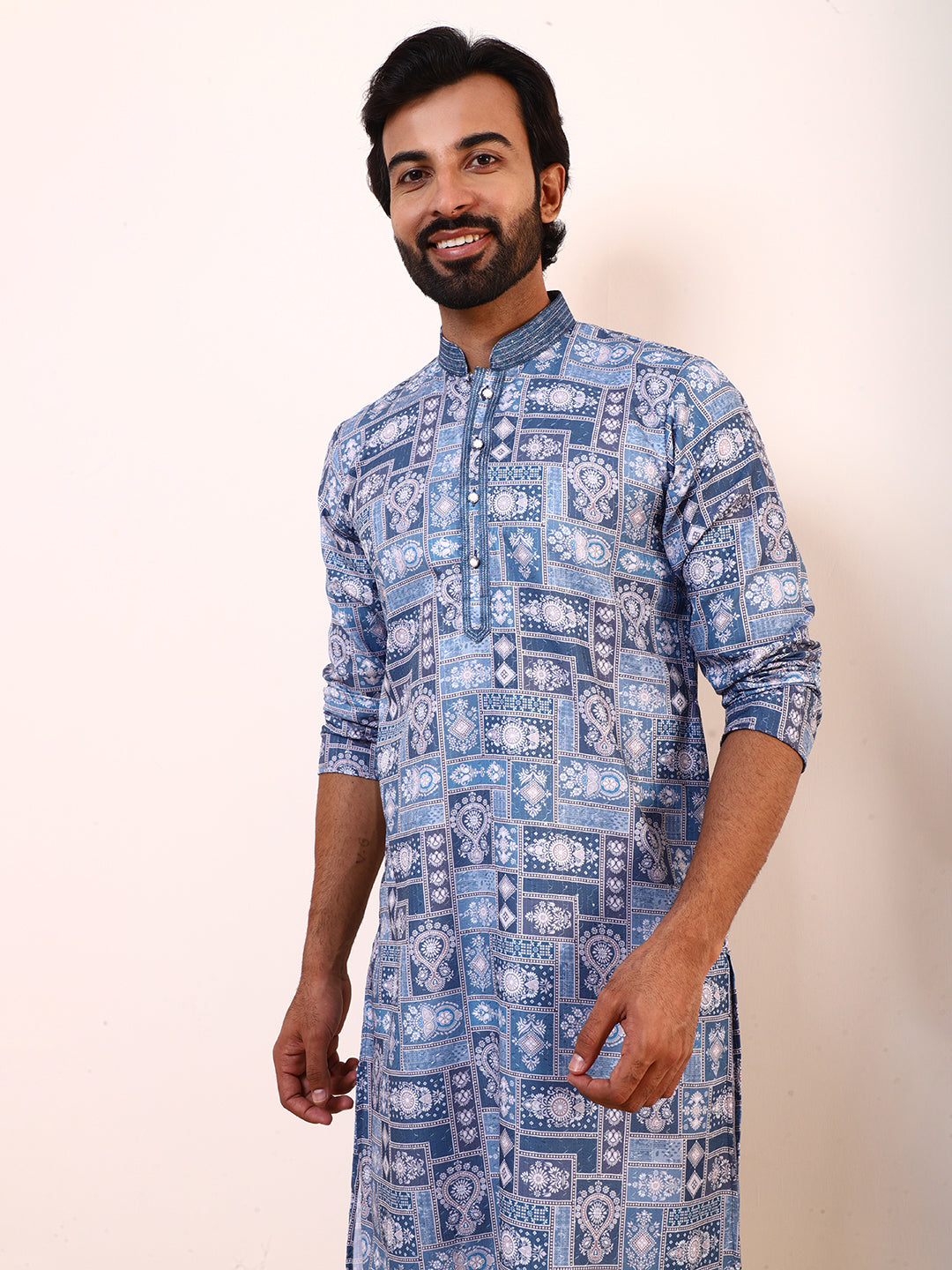 Blue Abstract Printed Mens Kurta