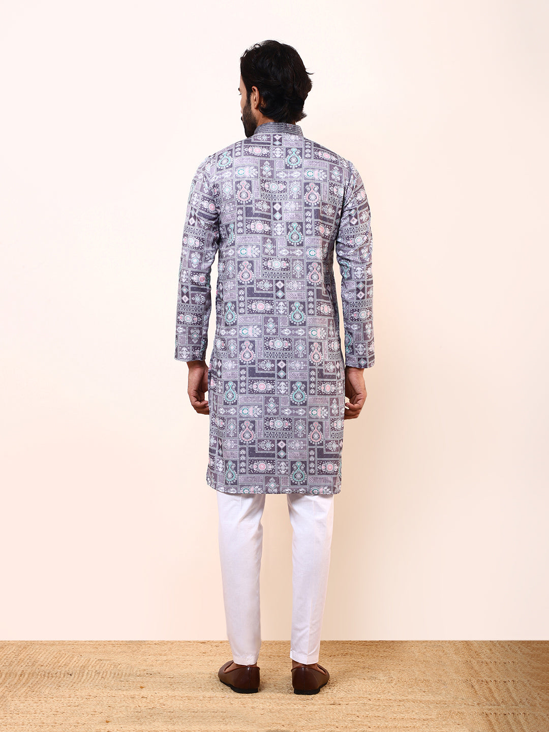Grey Abstract Printed Mens Kurta