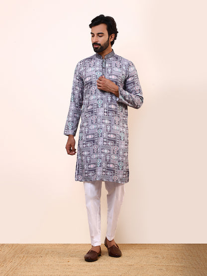 Grey Abstract Printed Mens Kurta