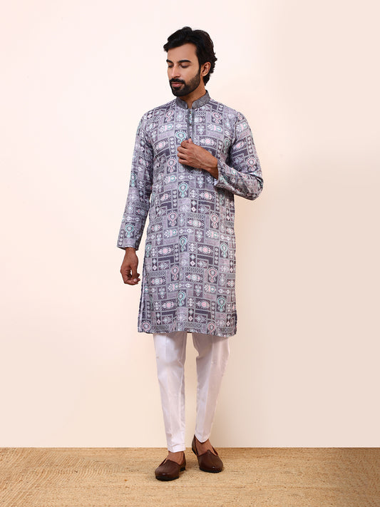 Grey Abstract Printed Mens Kurta