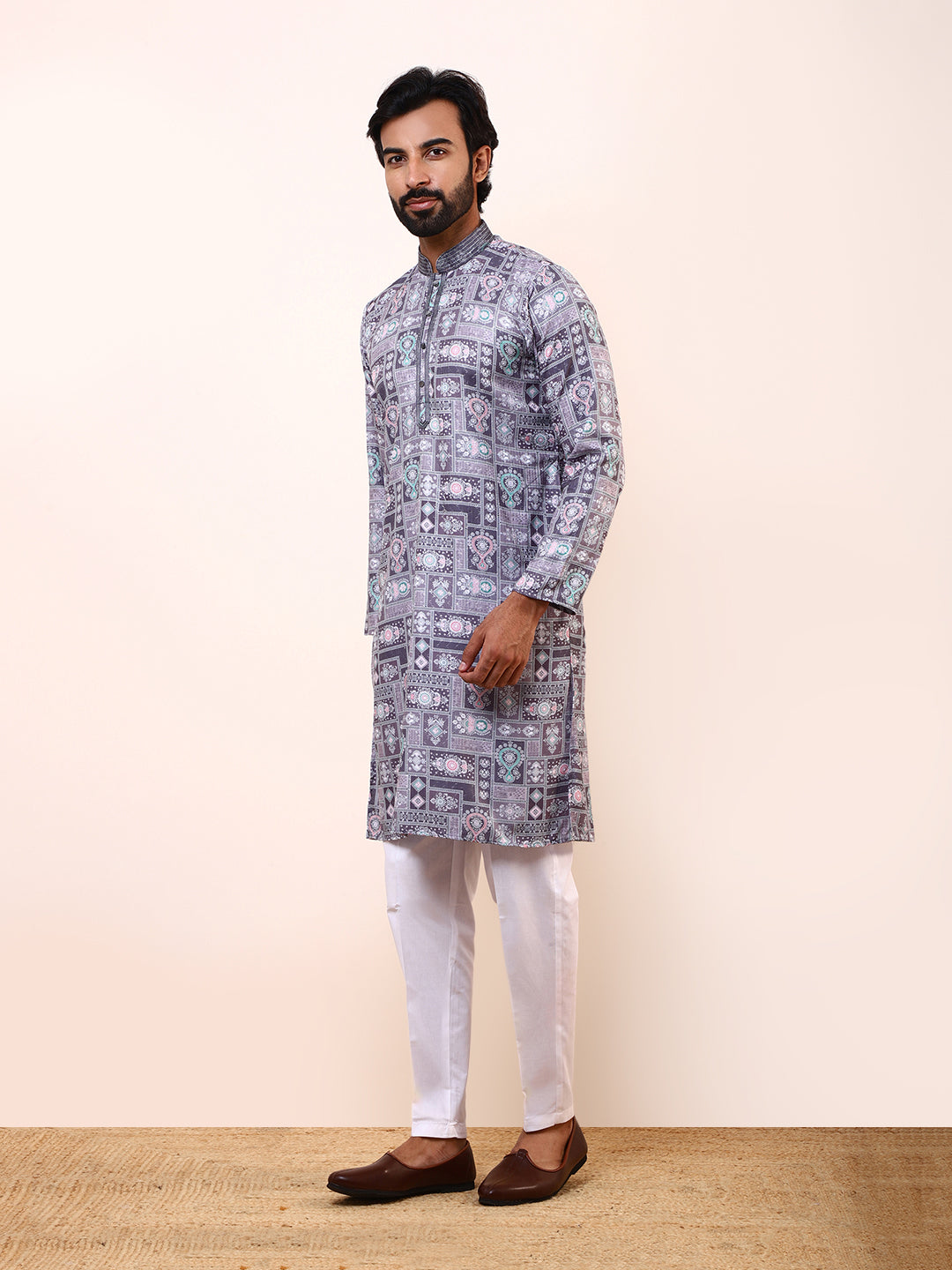 Grey Abstract Printed Mens Kurta