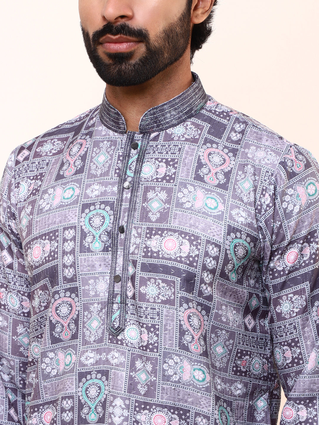 Grey Abstract Printed Mens Kurta