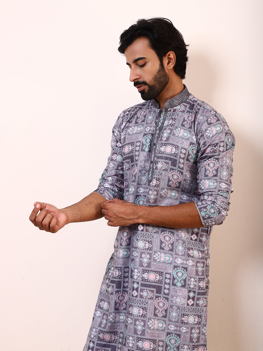 Grey Abstract Printed Mens Kurta